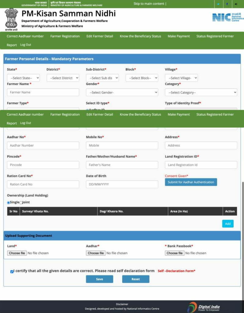 Farmer Registration Form - PM Kisan