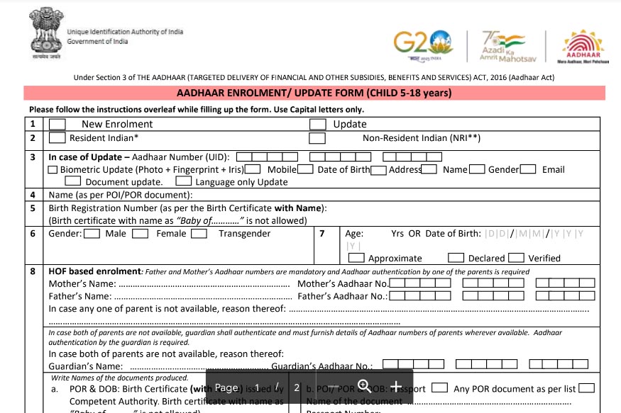 Aadhaar Enrolment/update New form
